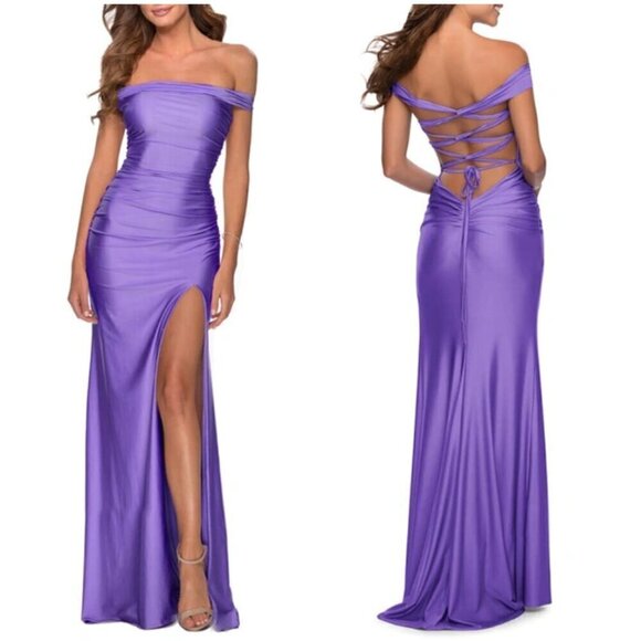 LA FEMME Off the Shoulder Satin Trumpet Gown in Periwinkle Size US 16 - Picture 1 of 7